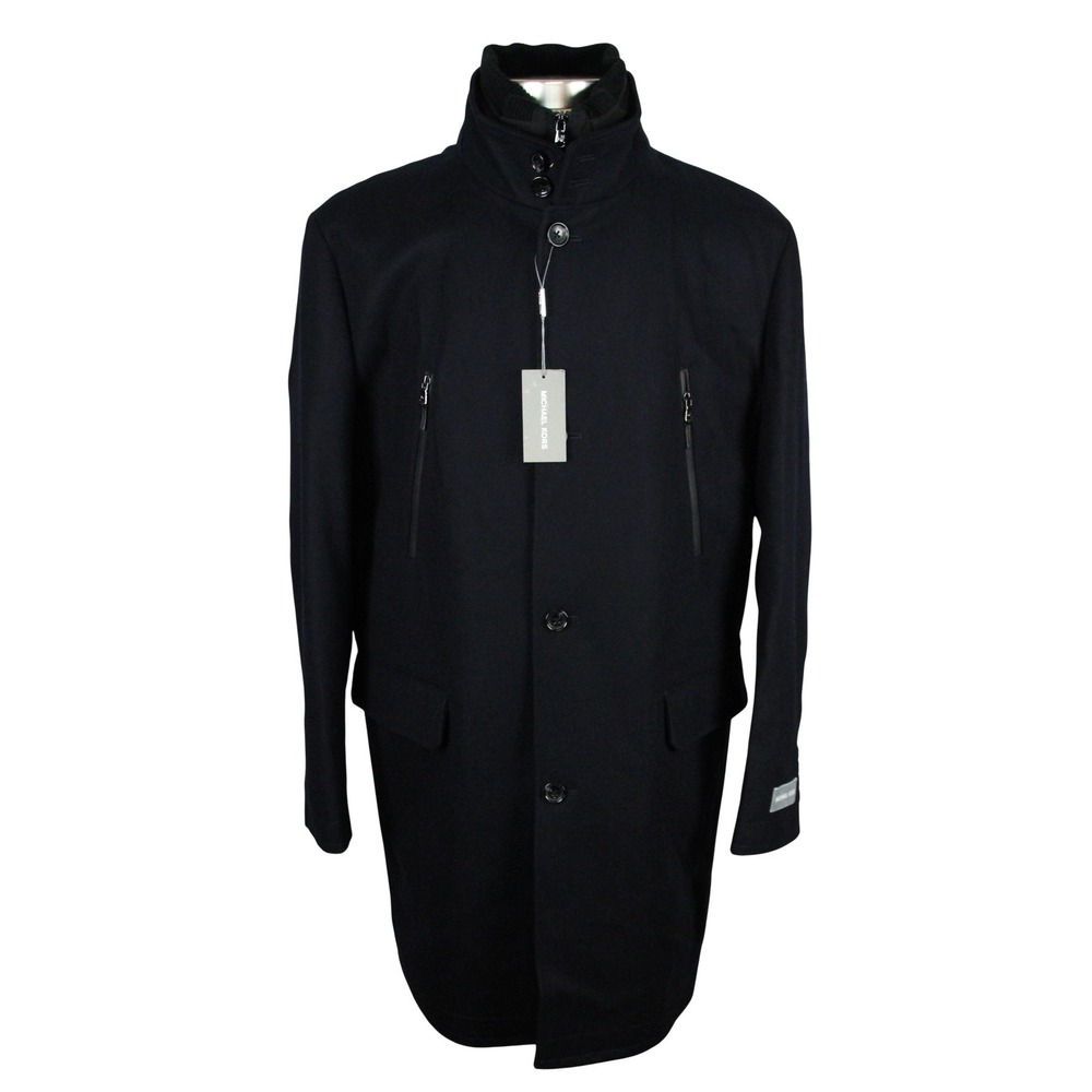 Michael Kors Coat Mens 46L Midnight Blue Wool Hartford Overcoat Slim Fit Zip
